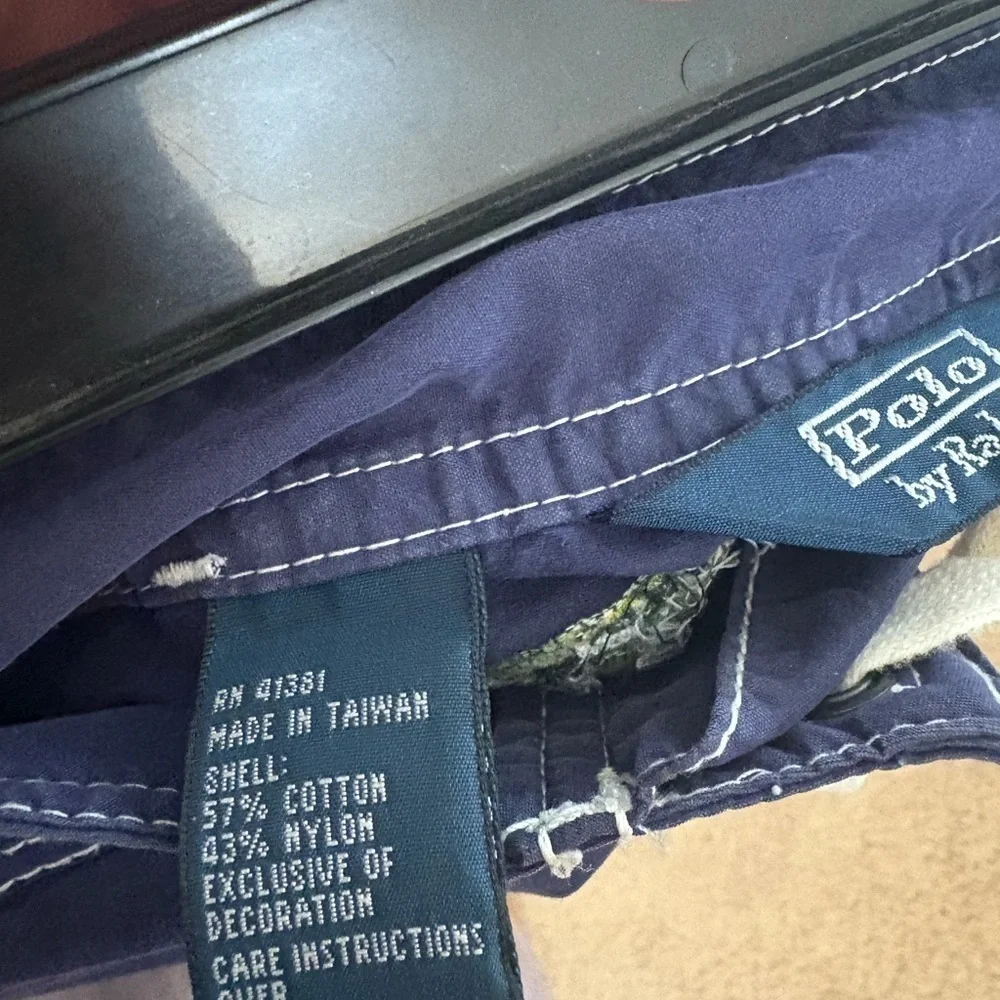 Polo Ralph Lauren Frog Embroidered AOP Navy Blue Board Shorts. size 34 EUC